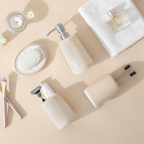 vancasso Ceramic Bathroom Accessories Set 4 Piece, Soap Dispenser with Stainless Steel Pump, Toothbrush Holder, Tumbler and Soap Dish, Modern Relief Design, Bathroom Decor Organizer, Beige-White - style: Beige-White