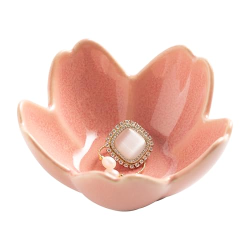 Flower Ring Holder Dish, Ceramic Jewelry Tray, Small Trinket Dish | Jewelry plate bowl works as a cute ring holder dish, adding aesthetic room decor and Christmas birthday gifts for women. - color: pink