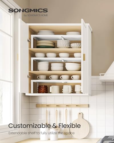 SONGMICS Spice Racks Expandable Kitchen Countertop Shelves, Metal | Set of 2 small cupboard organizers, space-saving tabletop shelves, Matte White, UKCS402W01 - color: Matte White, size: Set of 2