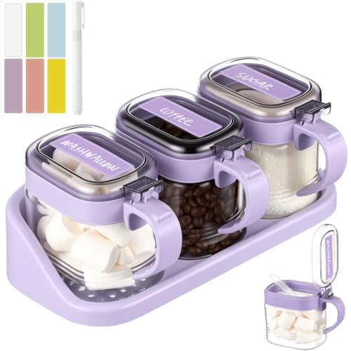 3 Pcs Sugar Coffee Container Set 16 oz Glass Condiment Jar Spice Container Coffee Station Organizer Set with Lable Stickers Scoop for Bean and Sugar Candy, Oats, Nuts (Purple) - color: Purple