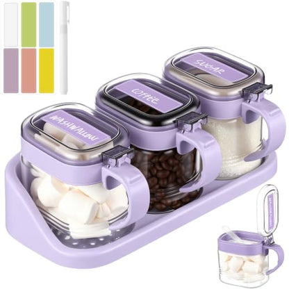 3 Pcs Sugar Coffee Container Set 16 oz Glass Condiment Jar Spice Container Coffee Station Organizer Set with Lable Stickers Scoop for Bean and Sugar Candy, Oats, Nuts (Purple) - color: Purple