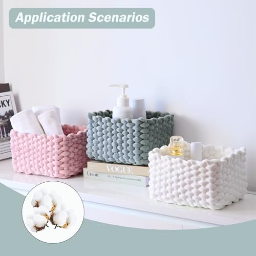 hand-knitted velvet rope storage basket set of 3 - soft cotton rope desktop cosmetics organizer box - nesting multi-functional storage basket (Light gray) - color: Light Gray