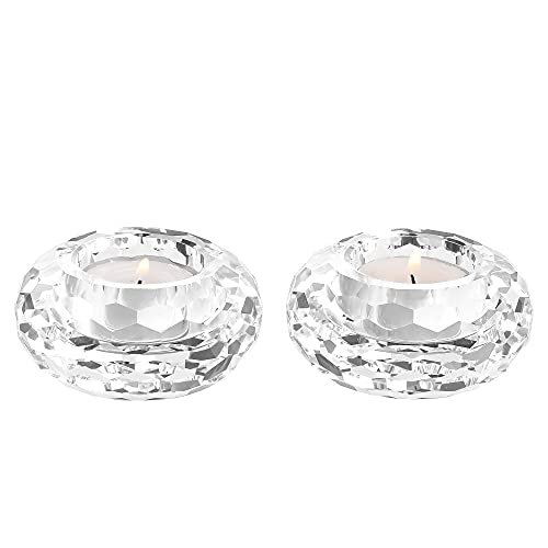 Kitcom Crystal Tealight Candle Holders Pack of 2, Hand-Cut Candle Holder Home Decor for Wedding Banquet Dinner 3.2" Diameter x 1.6" High, Clear - size: W3.2''×H1.6''