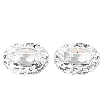 Kitcom Crystal Tealight Candle Holders Pack of 2, Hand-Cut Candle Holder Home Decor for Wedding Banquet Dinner 3.2" Diameter x 1.6" High, Clear - size: W3.2''×H1.6''