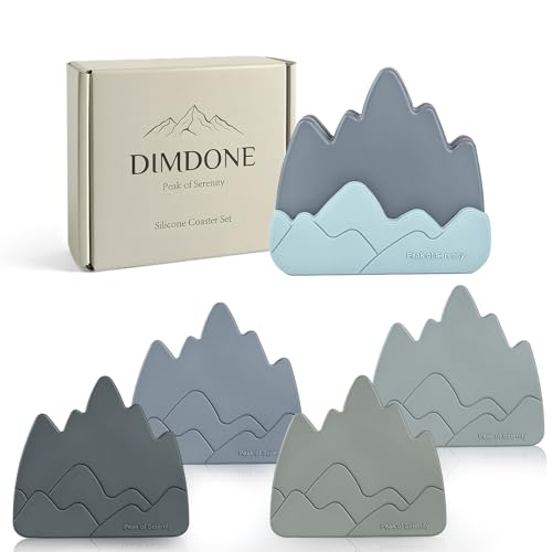 Mountain Silicone Coasters Set of 4 with Holder - Thick Drink Coasters for Coffee Table, Unique Housewarming Gifts, Nature Inspired Home Decor for Cabin, Lake House, Office Desk (Mist Dusk) - color: Mist Dusk