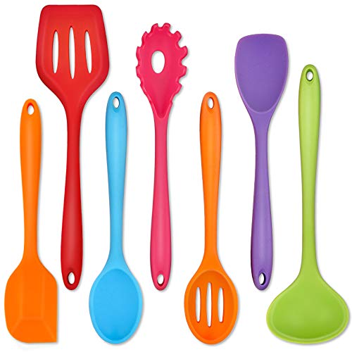 P&P CHEF Multicolor Kitchen Utensils, Silicone Cooking Utensil Set of 7 | Soft Spatula for Nonstick Cookware, Slotted Turner, Soup Ladle, Pasta Server, Spoon for Cooking, Dishwasher Safe & Heat Proof - color: Multicolor