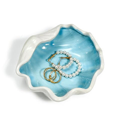Seashell Ceramic Jewelry Trinket Tray, Blue White Decorative Ring Holder Dish for Rings Earrings Necklaces, Women’s Birthday Gift, Mother’s Day Present - style: Shell