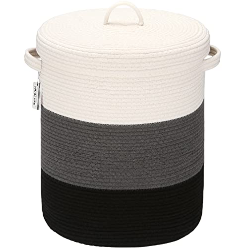Sea Team Large Woven Cotton Rope Laundry Basket with Lid, 20 x 16 in | Collapsible Knitted Hamper with Handles, Lidded Closet Shelf Organizers for Clothing, Blankets, Toys, Bedding, Black - color: White & Black