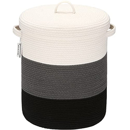 Sea Team Large Woven Cotton Rope Laundry Basket with Lid, 20 x 16 in | Collapsible Knitted Hamper with Handles, Lidded Closet Shelf Organizers for Clothing, Blankets, Toys, Bedding, Black - color: White & Black