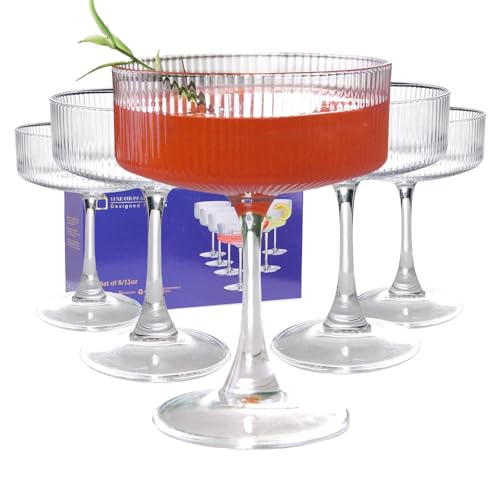 KMIGRUAN 11oz Large Vintage Coupe Glasses Set of 6,Ribbed Cocktail Glasses,Classic Espresso Martini Glasses,Margarita and Champagne Glasses for Bar,Wine,Dessert,Cocktail Glassware Gift Set - style: Ribbed Martini Glasses
