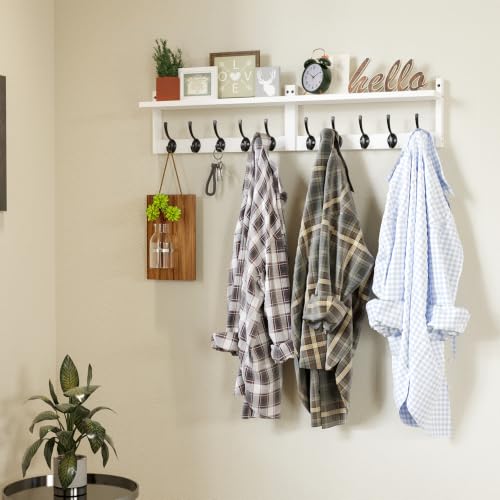 AMBIRD 34.2" L Wooden Wall Coat Hooks with Shelf - Versatile and Decorative Wall-Mounted Storage - 10 Hooks for Hanging Coats, Hats, Keys, Bags, Scarves - Ideal for Entryways, Bedrooms, Closets(White) - size: 34.2 inch, style: Modern White