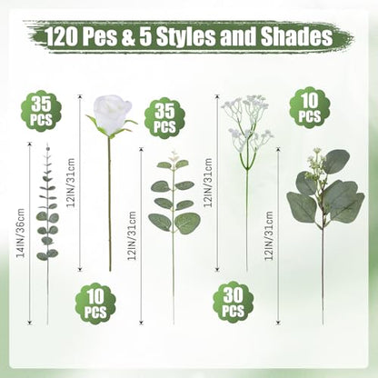 LUWENER 120 Pcs 5 Kinds Mixed Artificial Eucalyptus Leaves Stems,Bulk Fake Silver Dollar Leaves Faux Greenery Branches for Wedding DIY Bouquets, Floral Arrangement & Home Decor | White Silk Roses and Baby Breath Bulk, Fake Silver Dollar Leaves for Wedding