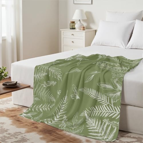 Green Throw Blanket Wild Fern Leaves Plants Blankets and Throws for Couch Sofa, Boho Leaf Decorative Soft Cozy Flannel Blanket for Home Bedding Living Room Chair, All Season Blanket 50 x 60 Inch - color: Herb Leaf, size: 60 x 50 inches