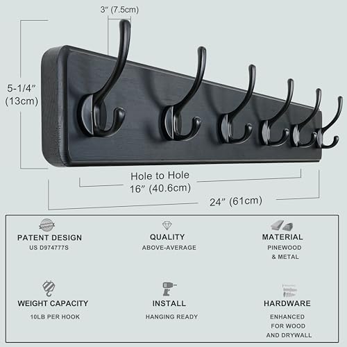 Coat Rack Wall: 24" Long, Patented, Heavy-Duty, 6-Double-Hooks Wooden Wall Mounted Coat Rack Coat Hanger Hook Rail for Winter Coats Hat Jacket Clothing, Black - color: Black, size: L=24"(1pcs)