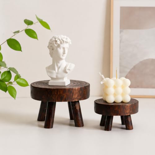 TOPZEA Set of 2 Mini Wooden Stool Display Stand, Wood Riser for Bonsai, Flower Pot, Small Potted Plant Stands Round Rustic Planter Stools Pedestal Risers for Garden, Patio, Home