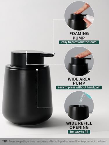 Bosilunlife Soap and Toothbrush Holder Set - Ceramic Bathroom Accessories Set Black Foaming Hand Soap Dispenser Set Bathroom Counter Toothbrush Holder and Soap Dispenser Set - color: Black-rounded Base Foam