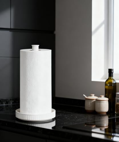 Paper Towel Holder, Ceramic Heavy Plate Base Wobble-Free, Roll Stand-White | Effortless Cleaning and Easy to Assemble, Super Large for Triple Rolls, High End Looking as a Good Gift for Kitchen Island - color: Chic White