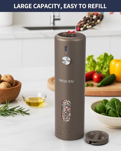 CIRCLE JOY Rechargeable Electric Salt and Pepper Grinder Set with Base, Automatic Pepper Mills with 110ml Container, External Adjustable Coarseness, White Led Light and One-Handed Operation, Brown - color: Brown