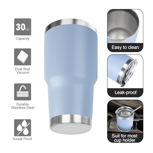 30 oz Tumbler with Lids and Straws Double Wall Vacuum Insulated Tumbler Cup,Stainless Steel Leak-proof Thermal Tumbler Travel Coffee Mug for Cold and Hot Drinks,Baby Blue - color: Sky Blue, size: 30 Ounces