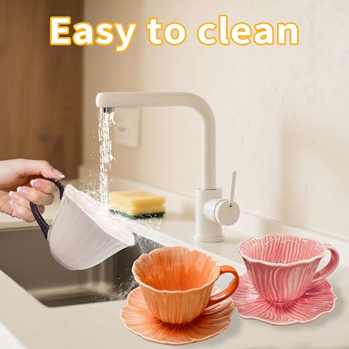 10 oz Tea Cups and Saucers, Ceramic Flower-shaped Cappuccino Cup, Latte Cup and Saucer set, elegant floral Espresso Cup set, Suitable for microwave and dishwasher-Green - color: Green