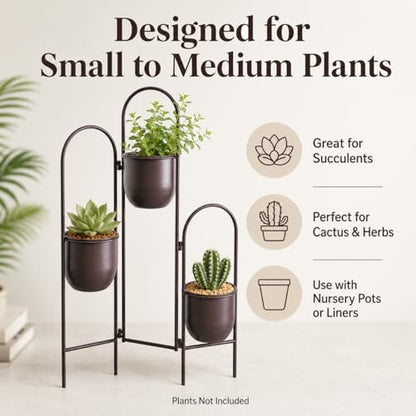 TRIROCKS 3 Tier Plant Stand with 3 Removable Metal Pots Indoor Outdoor Corner Plant Rack, 35" H Space Saving Flower Pot Holder for Living Room, Balcony, Patio & Garden(Brown) - size: 35" H
