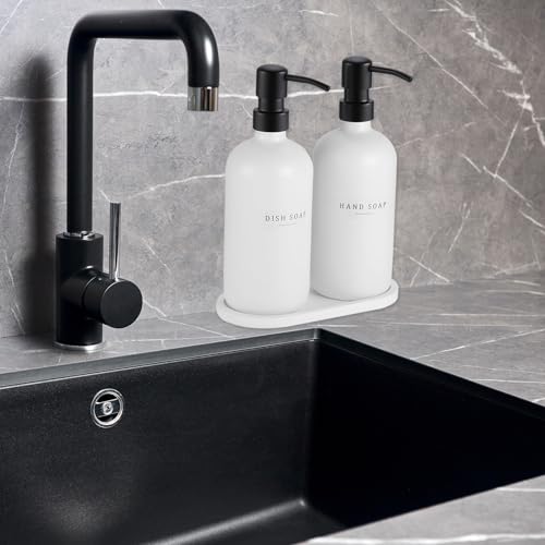 Glass Soap Dispenser - Dish Hand Soap Dispenser for Kitchen Set, Bathroom Soap Lotion Dispenser with 304 Rust Proof Pump, Tray, White Bottle/Black Pump - color: White Bottle/Black Pump + Tray + Funnel