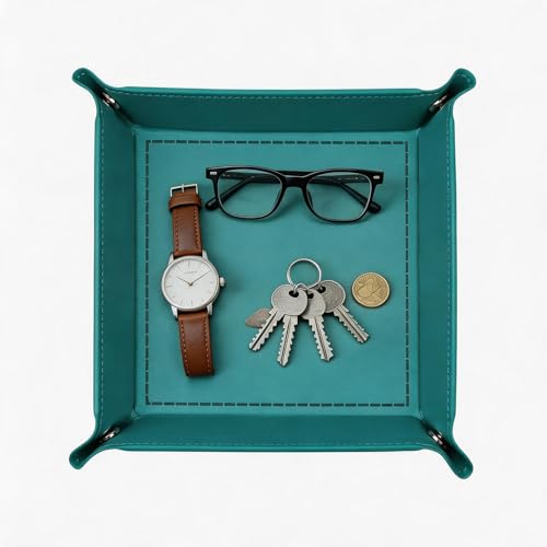 Valet Tray Desktop Storage Organizer – Vegan Leather Catchall Tray Bedside Vanity Tray Nightstand Caddy Holder for Remote Controller, Watch, Keys, Phone, Wallet, Coin, Jewelry, Turquoise - color: Turquoise