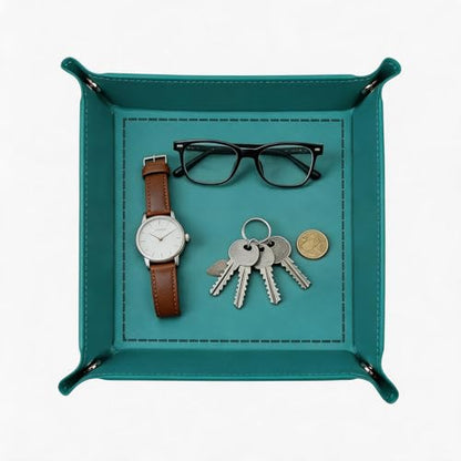 Valet Tray Desktop Storage Organizer – Vegan Leather Catchall Tray Bedside Vanity Tray Nightstand Caddy Holder for Remote Controller, Watch, Keys, Phone, Wallet, Coin, Jewelry, Turquoise - color: Turquoise