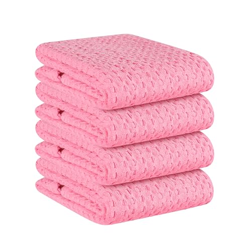 Native Fab 100% Cotton Premium Waffle Kitchen Towels, 4 Pack, 16" x 26", Super Absorbent Reusable Cleaning Cloths, Tea Towels, Machine Washable Hand Towels, Pink - color: Pink Premium, size: Set of 4