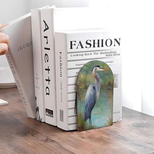 Majestic Blue Heron Bookends for Shelves 2 Pcs Wooden Book Stopper Organizer for Home Office Libraries