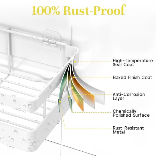 Heavy-Duty Adhesive Shower Shelves, White Storage Shelf | No Drill Wall Mounted Stainless Steel Shower Caddy Set with 44lbs Max Load, 0.43" Wire Spacing, Toothbrush & Soap Holder - color: White
