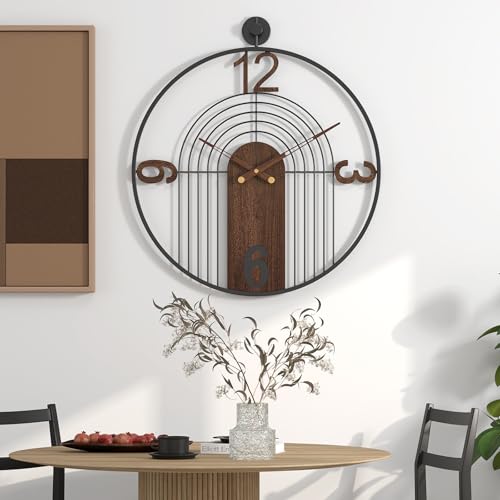 Large Modern Walnut Dial Wall Clock, Wood Metal Frame Silent Non Ticking Decoration Wall Clocks for Living Room, Bedroom, Kitchen, Study, Handmade Home Decor Gift Idea, 26.4 Inch - size: 2.X-L(26.4 in)