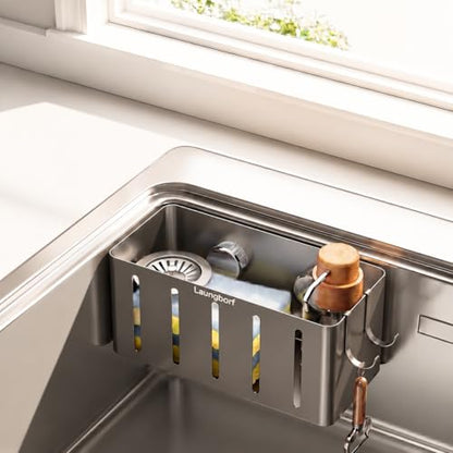 Kitchen Sink Sponge Holder, Gray (1 Pack) | Rustproof carbon steel with fast drainage holes. 2 hooks & 4 adhesive pads. No-drill square caddy for flat wall or ledge - size: Square Kitchen Sink Sponge Holder