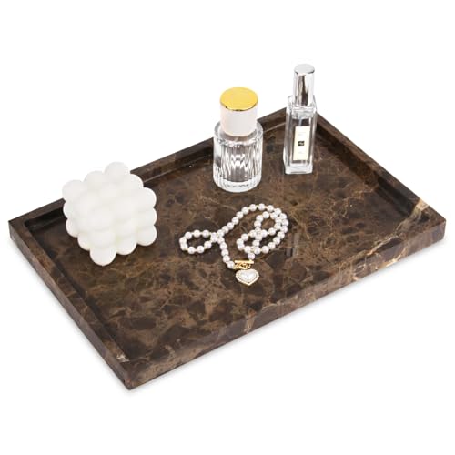 Marble Bathroom Vanity Tray, Dark Brown, 12" x 8" x 0.8" | Home Kitchen Bathroom Tray, Natural Stone Decorative Countertop Trays, Soap Dispenser Perfume Key Trinket Ring Tray - color: Dark Brown
