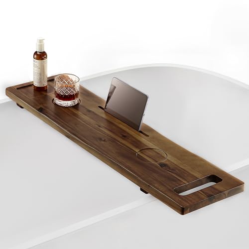 TINAMO 39"L Wooden Bathtub Tray with Adjustable Legs and Essentials Holders | Acacia Wood, Adjustable Width, 39" x 9.8" x 2.5", Multi-functional Storage, Integrated Handles, Anti-Tipping, Walnut Finish - color: Walnut, size: 39" x 9.8" x 2.5"
