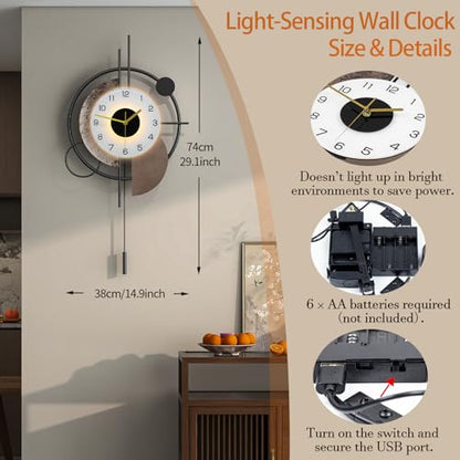 FLEBLE Large Wall Clock Decorative with Voice and Light Sensor Night Light | Glow in The Dark Silent Battery Operated Metal Pendulum Wall Clock for Kitchen Office Bedroom Living Room Decor, 14.9*29inch - size: 14.9*29inch