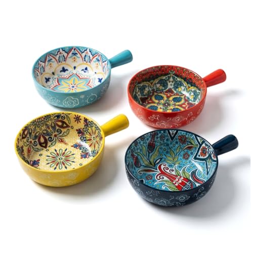 Boho Floral Ceramic Soup Bowls with Handles, 21oz Microwave Oven Safe Set of 4 for Stew, Pasta and Chili - color: Flower