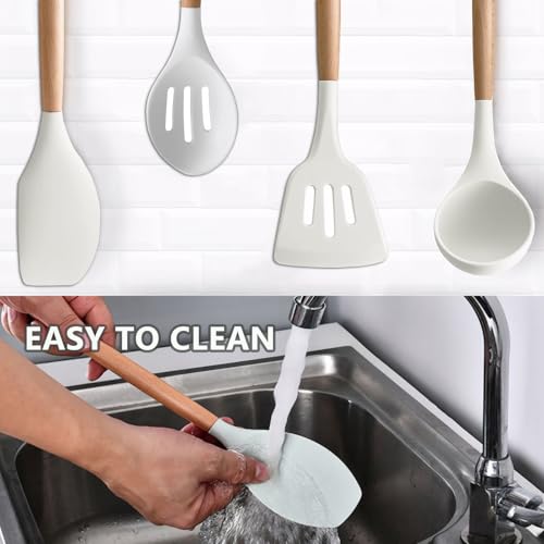 Silicone Kitchen Utensils Set of 5, Cooking Utensil Set with Heat Resistant Wooden Handle Non-Stick Silicone Spatula Spoon Turner Ladle, BPA FREE Cooking Kitchen Gadgets for Cookware & Baking - color: White, size: Standard 5-Piece Set