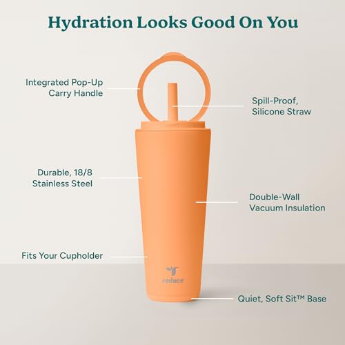 REDUCE Halo 32 oz Stainless Steel Vacuum Insulated Tumbler - Spill Proof Travel Mug with Flip Handle Lid - Keeps Drinks Cold for 32 Hrs - Dishwasher Safe - Cupholder Friendly - Papaya - color: Papaya, size: 32 Ounces