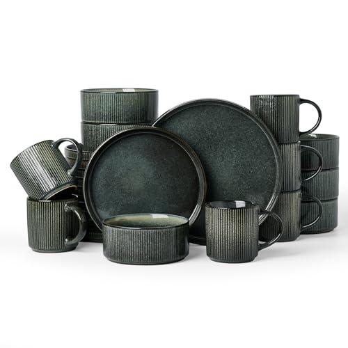 Famiware Star Dinnerware Sets with Mugs, Ceramic Plates and Bowls Set for 6 | 24-Piece Stoneware Ribbed Dishes. Chip & Scratch Resistant. Microwave & Dishwasher Safe, Everyday Formal Dining, Deep Forest - color: Deep Forest, size: Service for 6 with Mugs