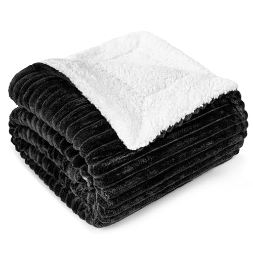 PAVILIA Black Sherpa Fleece Throw Blanket for Couch, Soft Plush Fuzzy Blankets, Fluffy Flannel Sherpa Blanket for Sofa, Warm 3D Ribbed Winter Blanket Gift, 50x60 inches - color: Black, size: 50 x 60 Inches - Throw