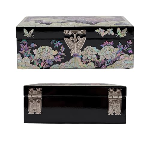 Korean Mother-of-Pearl Keepsake Box with Mirror – Floral & Butterfly Inlay – Handmade Trinket Memory Box – Black Lacquer Gift for Women, Birthday, Anniversary, Christmas (Peony & Butterfly) - style: Peony & Butterfly