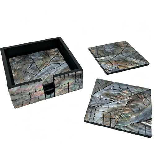 i-lan Mother of Pearl Coasters Set of 6 with Holder - 4.7" Square Drink Coasters for Kitchen, Dining Room, Coffee Table - Black Mosaik Pattern, Shell Inlay Cup Mats - color: Black Mosaik
