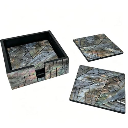 i-lan Mother of Pearl Coasters Set of 6 with Holder - 4.7" Square Drink Coasters for Kitchen, Dining Room, Coffee Table - Black Mosaik Pattern, Shell Inlay Cup Mats - color: Black Mosaik