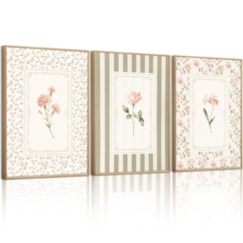 Pink Green Floral Wall Art Decor Girls Room Posters Nursery Flower Pictures Pink Green Floral Canvas Prints Aesthetic Rose Painting Shabby Chic Artwork for Bathroom Bedroom 12x16 Inch Unframed 3Pcs - color: Sage Botanical Art, size: 12''x16'' Unframed