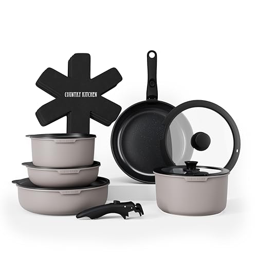 Country Kitchen Cookware Set with Removable Handle, Oven & RV Safe Pots and Pans Set, Grey/Black, Original - color: Grey/Black, size: Original