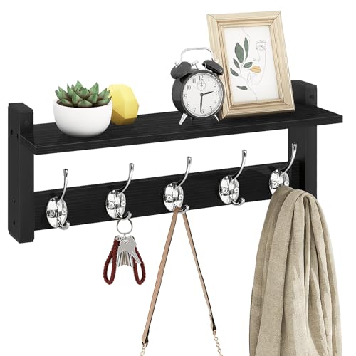 Wall Coat Rack With Shelf, Wood Entryway Hanger With Hooks, Small Floating Pegs for Hanging Coats, Hats, Purses, Backpacks, Black - color: Black, size: 17.1 Inch Long