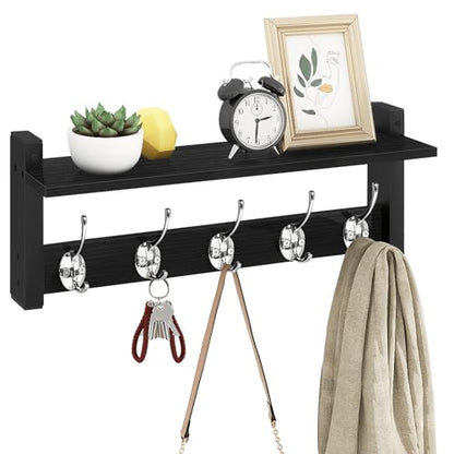 Wall Coat Rack With Shelf, Wood Entryway Hanger With Hooks, Small Floating Pegs for Hanging Coats, Hats, Purses, Backpacks, Black - color: Black, size: 17.1 Inch Long
