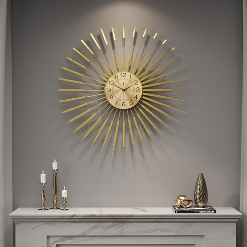 Cuspin 30 Inch Large Wall Clock Gold Clock Wall Decor, Mid Century Modern Sunburst Silent Non Ticking Battery Operated Decorative Metal Wall Clocks for Living Room, Dining Room, Bedroom, Office - color: Gold Atomic Sunburst, size: Large