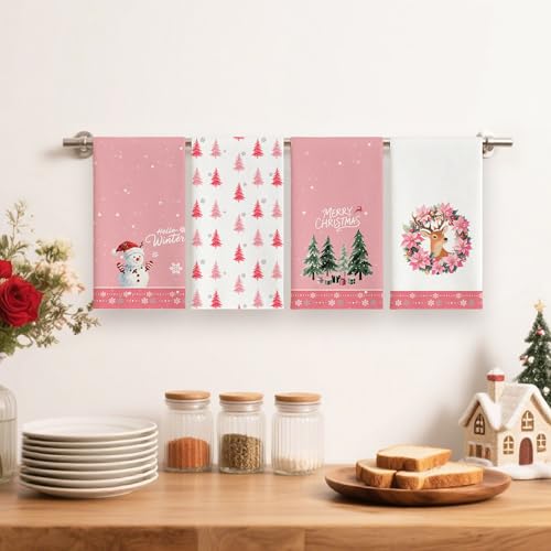 Green Xmas Tree Snowman Reindeer Merry Christmas Kitchen Towels Dish Towels, 17x27 Inch Daily Seasonal Winter Decoration Hand Towels Set of 4,Pink Cute Farmhouse Home Decor - color: Pink4-pack